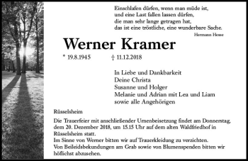 Traueranzeige von Werner Kramer von vrm-trauer