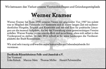 Traueranzeige von Werner Kramer von vrm-trauer