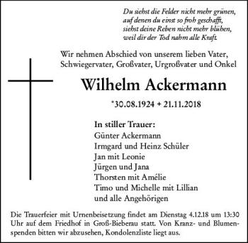 Traueranzeige von Wilhelm Ackermann von vrm-trauer