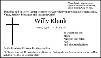 Traueranzeige von Willy Klenk von vrm-trauer
