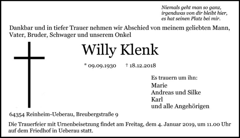  Traueranzeige für Willy Klenk vom 29.12.2018 aus vrm-trauer