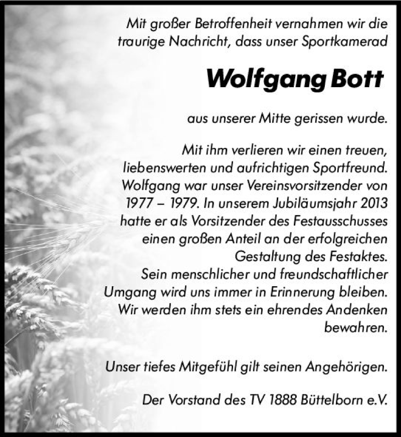  Traueranzeige für Wolfgang Bott vom 20.12.2018 aus vrm-trauer