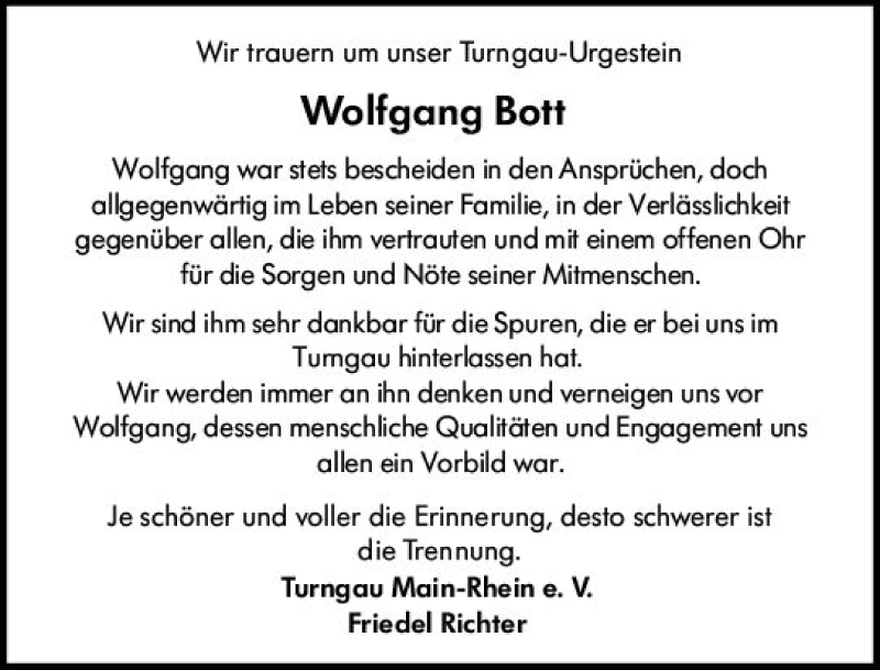  Traueranzeige für Wolfgang Bott vom 20.12.2018 aus vrm-trauer