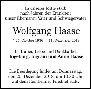 Traueranzeige von Wolfgang Haase von vrm-trauer