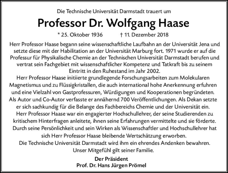  Traueranzeige für Wolfgang Haase vom 19.12.2018 aus vrm-trauer