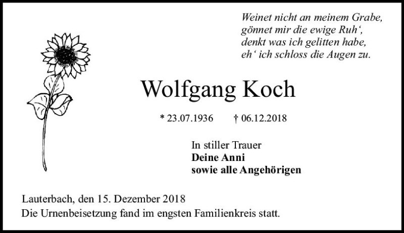  Traueranzeige für Wolfgang Koch vom 15.12.2018 aus VRM Trauer