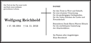 Traueranzeige von Wolfgang Reichhold von  Kreisanzeiger
