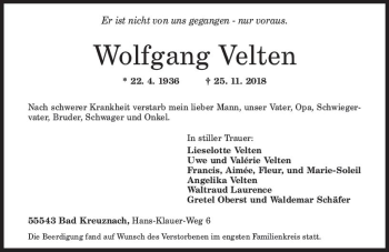 Traueranzeige von Wolfgang Velten von vrm-trauer