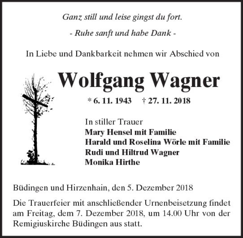  Traueranzeige für Wolfgang Wagner vom 05.12.2018 aus  Kreisanzeiger