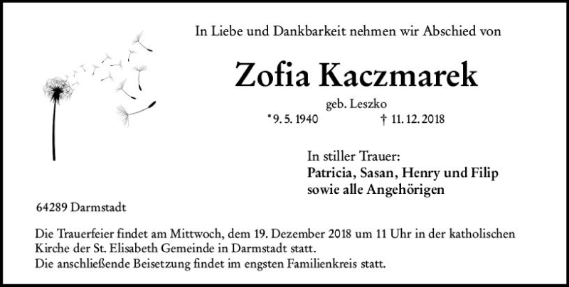  Traueranzeige für Zofia Kaczmarek vom 15.12.2018 aus vrm-trauer