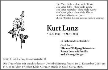 Traueranzeige von Kurt Lunz 