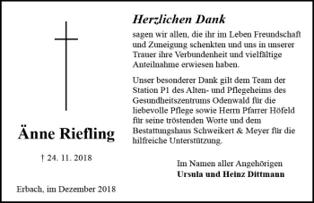 Traueranzeige von Änne Riefling von vrm-trauer