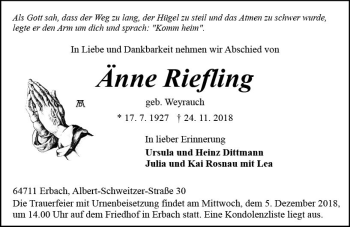 Traueranzeige von Änne Riefling von vrm-trauer