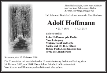 Traueranzeige von Adolf Hoffmann von  Kreisanzeiger