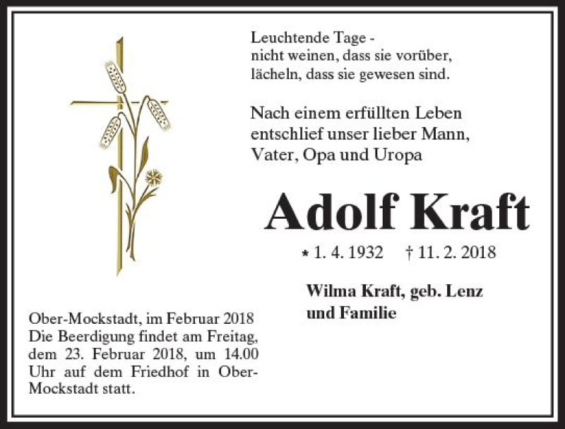  Traueranzeige für Adolf Kraft vom 21.02.2018 aus  Kreisanzeiger