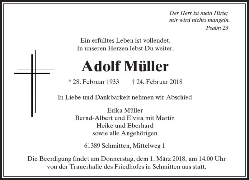  Traueranzeige für Adolf Müller vom 27.02.2018 aus  Usinger Anzeiger
