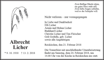 Traueranzeige von Albrecht Licher von  Gießener Anzeiger