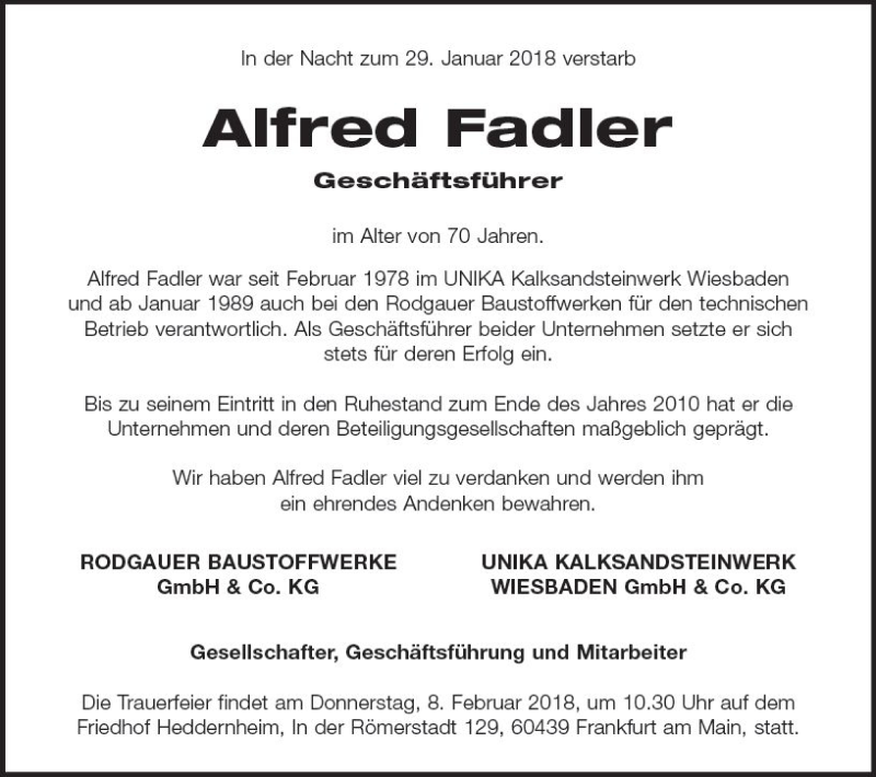  Traueranzeige für Alfred Fadler vom 03.02.2018 aus Trauerportal Rhein Main Presse