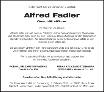 Traueranzeige von Alfred Fadler von Trauerportal Rhein Main Presse
