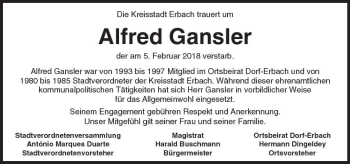 Traueranzeige von Alfred Gansler von Trauerportal Rhein Main Presse