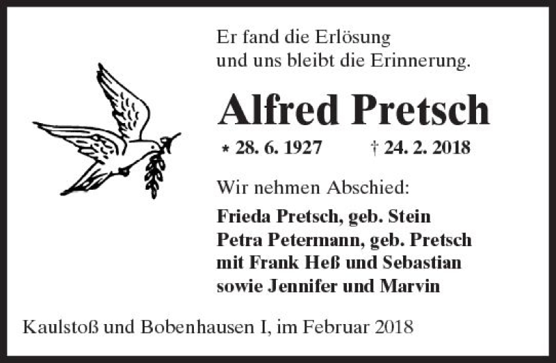  Traueranzeige für Alfred Pretsch vom 28.02.2018 aus  Kreisanzeiger