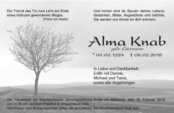Traueranzeige von Alma Knab von  Kreisanzeiger