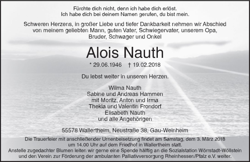  Traueranzeige für Alois Nauth vom 27.02.2018 aus Trauerportal Rhein Main Presse