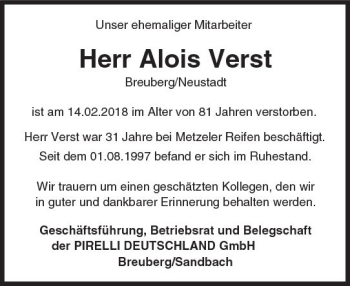 Traueranzeige von Alois Verst von Trauerportal Rhein Main Presse