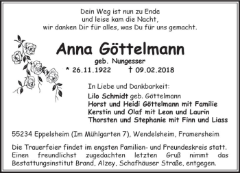 Traueranzeige von Anna Göttelmann von Trauerportal Rhein Main Presse