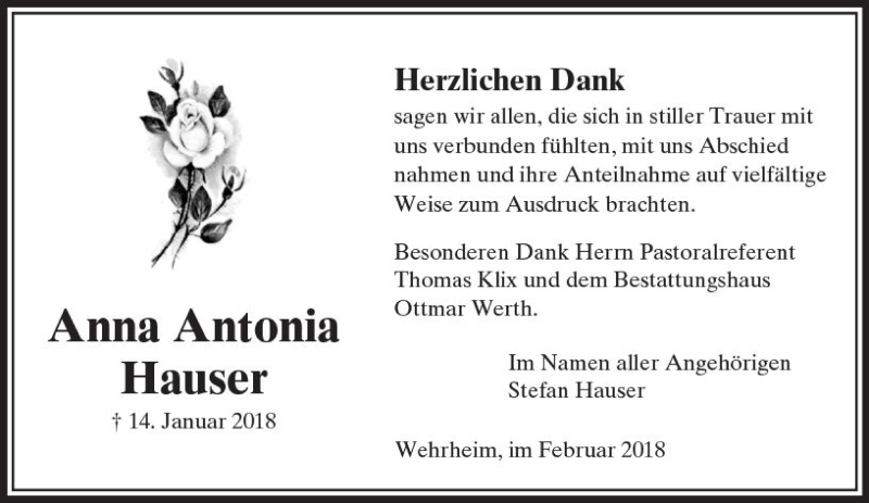  Traueranzeige für Anna Antonia Hauser vom 10.02.2018 aus  Usinger Anzeiger