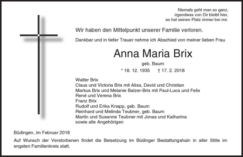  Traueranzeige für Anna Maria Brix vom 24.02.2018 aus  Kreisanzeiger