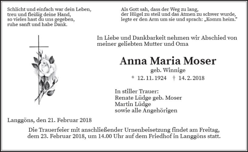 Traueranzeige für Anna Maria Moser vom 21.02.2018 aus  Gießener Anzeiger