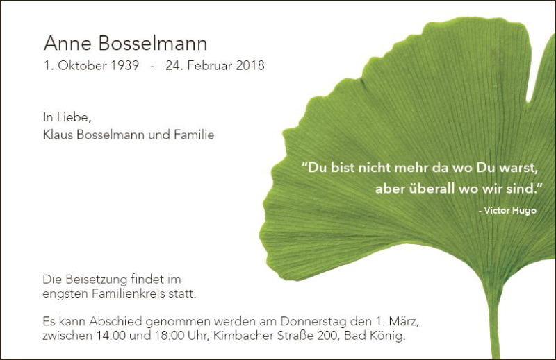 Traueranzeige für Anne Bosselmann vom 27.02.2018 aus Trauerportal Rhein Main Presse