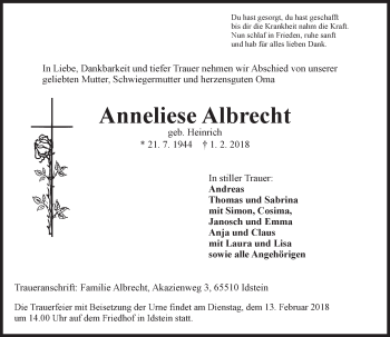 Traueranzeige von Anneliese Albrecht von Trauerportal Rhein Main Presse