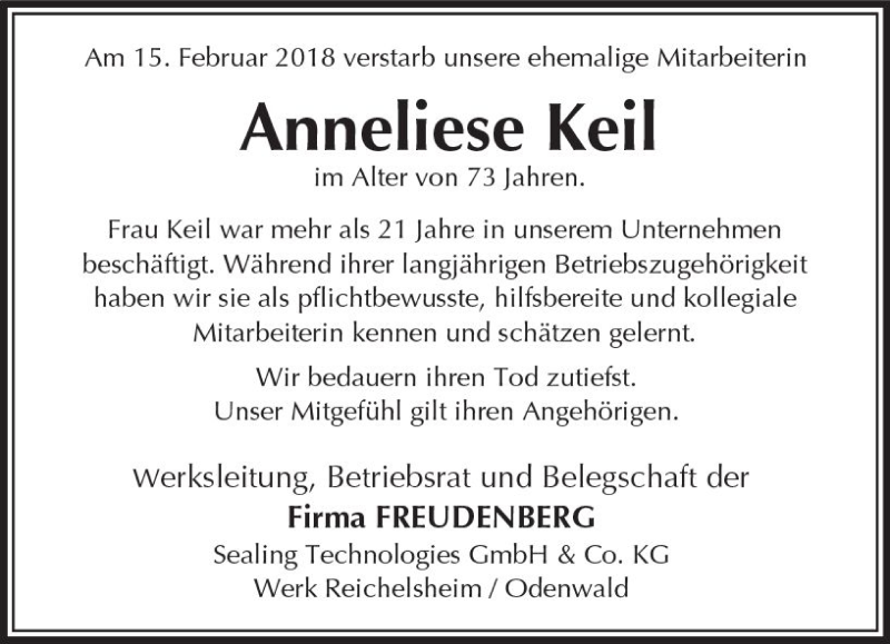  Traueranzeige für Anneliese Keil vom 23.02.2018 aus Trauerportal Rhein Main Presse