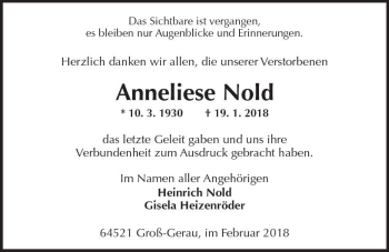 Traueranzeige von Anneliese Nold von Trauerportal Rhein Main Presse