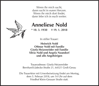 Traueranzeige von Anneliese Nold von Trauerportal Rhein Main Presse