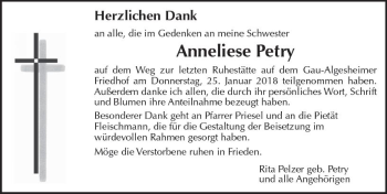 Traueranzeige von Anneliese Petry von Trauerportal Rhein Main Presse