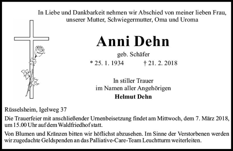  Traueranzeige für Anni Dehn vom 24.02.2018 aus Trauerportal Rhein Main Presse