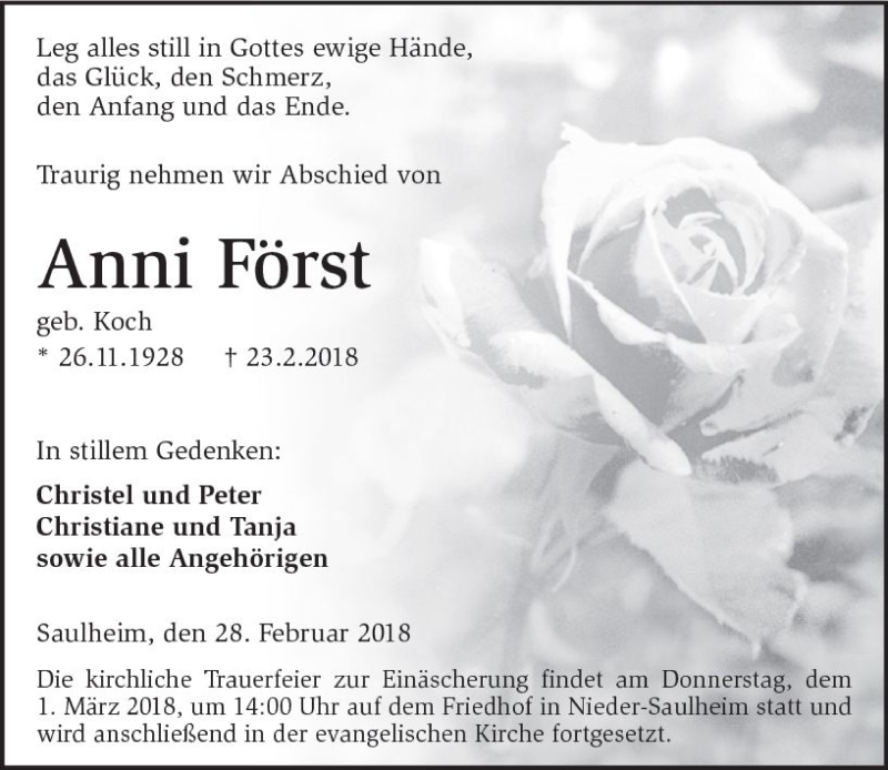  Traueranzeige für Anni Först vom 28.02.2018 aus Trauerportal Rhein Main Presse