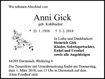 Traueranzeige von Anni Gick von Trauerportal Rhein Main Presse