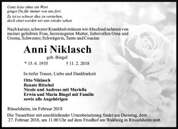 Traueranzeige von Anni Niklasch von Trauerportal Rhein Main Presse