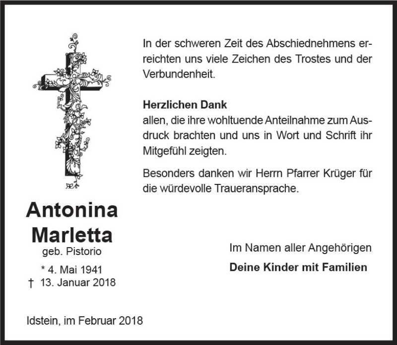  Traueranzeige für Antonia Marletta vom 24.02.2018 aus Trauerportal Rhein Main Presse