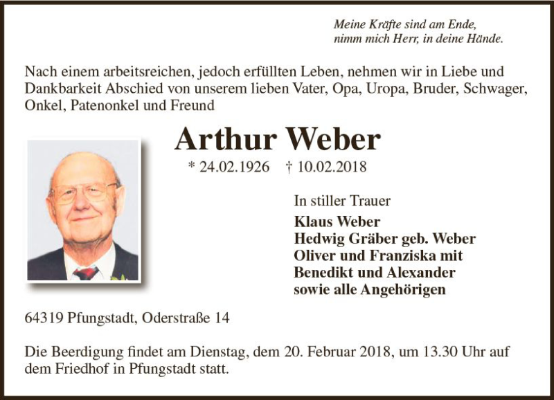  Traueranzeige für Arthur Weber vom 17.02.2018 aus Trauerportal Rhein Main Presse