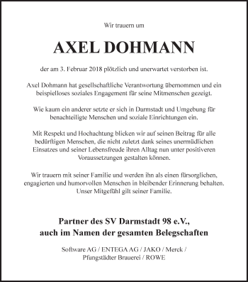 Traueranzeige von Axel Dohmann von Trauerportal Rhein Main Presse