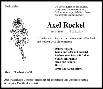 Traueranzeige von Axel Rockel von VRM Trauer