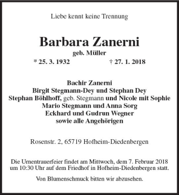 Traueranzeige von Barbara Zanerni von Trauerportal Rhein Main Presse