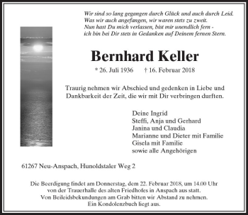 Traueranzeige von Bernhard Keller von  Usinger Anzeiger