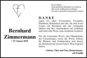 Traueranzeige von Bernhard Zimmermann von  Camberger Anzeiger