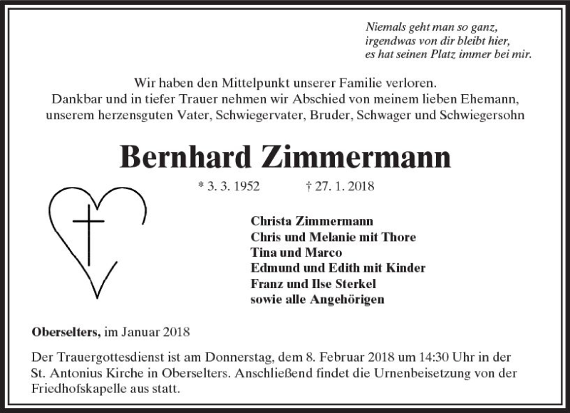  Traueranzeige für Bernhard Zimmermann vom 01.02.2018 aus  Camberger Anzeiger